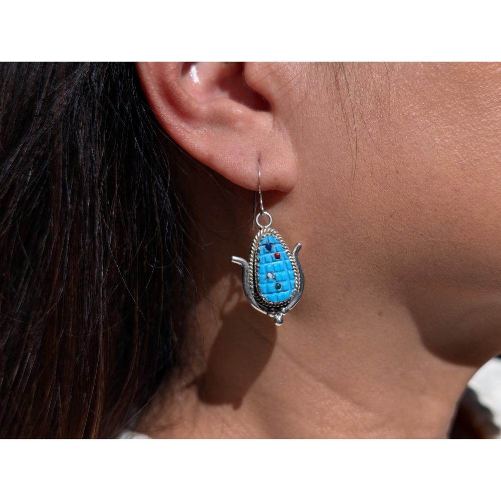 Beverly Etsate Zuni Turquoise Corn Inlay Earrings Native Am Handmade‎ Jewelry**